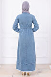 Eteği Püsküllü Düğmeli Bağlamalı Kot Elbise Mavi HM2673