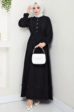 Eteği Püsküllü Düğmeli Bağlamalı Kot Elbise Siyah HM2673