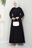 Eteği Püsküllü Düğmeli Bağlamalı Kot Elbise Siyah HM2673