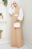 Gül Kemerli Kolları Şifon Abiye Elbise Bej HM2666