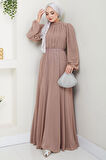Kuşağı Taşlı Şifon Abiye Elbise Vizon HM2668