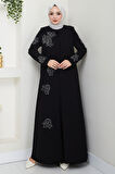 Büyük Beden Lale Taşlı Anne Elbisesi Siyah HM2692