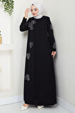 Büyük Beden Lale Taşlı Anne Elbisesi Siyah HM2692