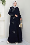 Büyük Beden Lale Taşlı Anne Elbisesi Lacivert HM2692