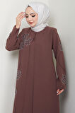 Büyük Beden Lale Taşlı Anne Elbisesi Kahverengi HM2692