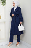 Yazlık Kruvaze Yaka Trençkot İkili Takım Lacivert HM2703