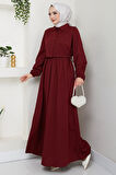 Bolerolu Beli Lastikli Elbise Bordo HM2702