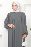 Büzgülü Robalı Elbise Gri HM2501