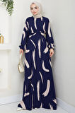 Fırça Desenli Yazlık Viskon Elbise Lacivert HM2730