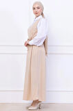 Kuşaklı Pileli Örme Jile Elbise Bej HM2736