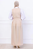 Kuşaklı Pileli Örme Jile Elbise Bej HM2736