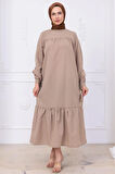 Robalı Kol Ucu Bağlamalı Elbise Bej HM2081