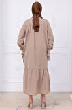 Robalı Kol Ucu Bağlamalı Elbise Bej HM2081