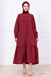 Robalı Kol Ucu Bağlamalı Elbise Bordo HM2081