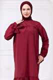Robalı Kol Ucu Bağlamalı Elbise Bordo HM2081