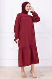 Robalı Kol Ucu Bağlamalı Elbise Bordo HM2081