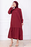 Robalı Kol Ucu Bağlamalı Elbise Bordo HM2081