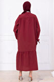 Robalı Kol Ucu Bağlamalı Elbise Bordo HM2081