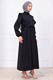 Bolerolu Beli Lastikli Elbise Siyah HM2756
