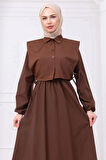 Bolerolu Beli Lastikli Elbise Kahverengi HM2756