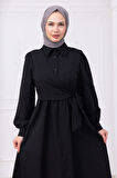 Yandan Bağlamalı Tesettür Elbise Siyah HM2753
