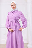 Yandan Bağlamalı Tesettür Elbise Lila HM2753