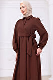 Yandan Bağlamalı Tesettür Elbise Kahverengi HM2753