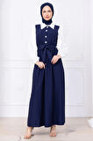 Kol Garnili Çizgili Tesettür Elbise Lacivert HM2740