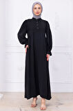 Kolları Lastikli Eva Tesettür Elbise Siyah HM2758