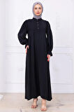 Kolları Lastikli Eva Tesettür Elbise Siyah HM2758