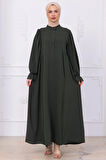 Kolları Lastikli Eva Tesettür Elbise Haki HM2758