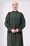 Kolları Lastikli Eva Tesettür Elbise Haki HM2758