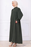 Kolları Lastikli Eva Tesettür Elbise Haki HM2758