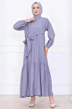 Önü Taş Detaylı Yandan Bağlamalı Tesettür Elbise Gri HM2760