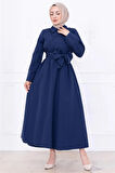 Önden Çapraz Düğmeli Kuşaklı Elbise Lacivert HM2755