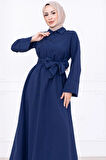 Önden Çapraz Düğmeli Kuşaklı Elbise Lacivert HM2755