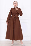 Önden Çapraz Düğmeli Kuşaklı Elbise Kahverengi HM2755