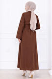 Önden Çapraz Düğmeli Kuşaklı Elbise Kahverengi HM2755
