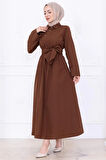 Önden Çapraz Düğmeli Kuşaklı Elbise Kahverengi HM2755