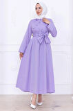 Önden Çapraz Düğmeli Kuşaklı Elbise Lila HM2755
