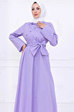 Önden Çapraz Düğmeli Kuşaklı Elbise Lila HM2755