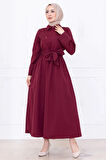 Önden Çapraz Düğmeli Kuşaklı Elbise Bordo HM2755