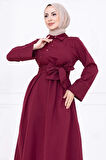 Önden Çapraz Düğmeli Kuşaklı Elbise Bordo HM2755