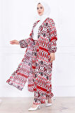 Seva Desenli Viskon Kimono Takım Kırmızı HM2762