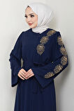 Çiçek Taşlı Kuşaklı Ferace Lacivert HM2713