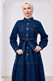 Önü Düğmeli Kuşaklı Kot Elbise HM2764 Koyu Mavi