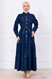 Önü Düğmeli Kuşaklı Kot Elbise HM2764 Koyu Mavi