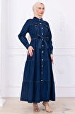 Önü Düğmeli Kuşaklı Kot Elbise HM2764 Koyu Mavi