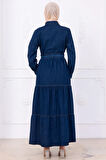 Önü Düğmeli Kuşaklı Kot Elbise HM2764 Koyu Mavi