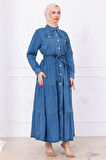 Önü Düğmeli Kuşaklı Kot Elbise HM2764 Açık Mavi